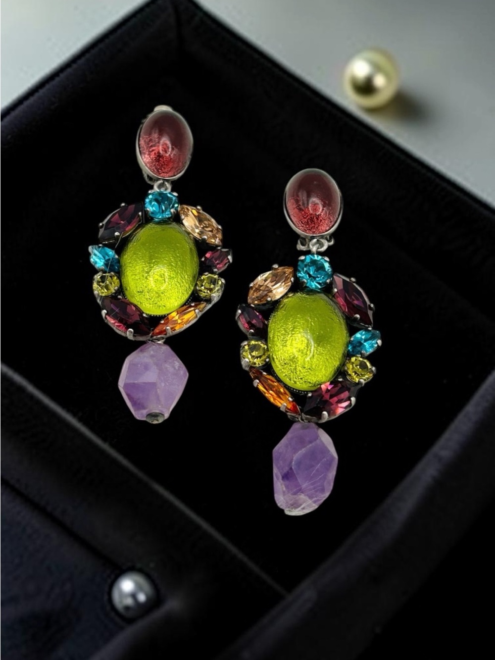 Philippe Ferrandis Rare Vintage Oversized Paris Crystal Clip-On Earrings 3”